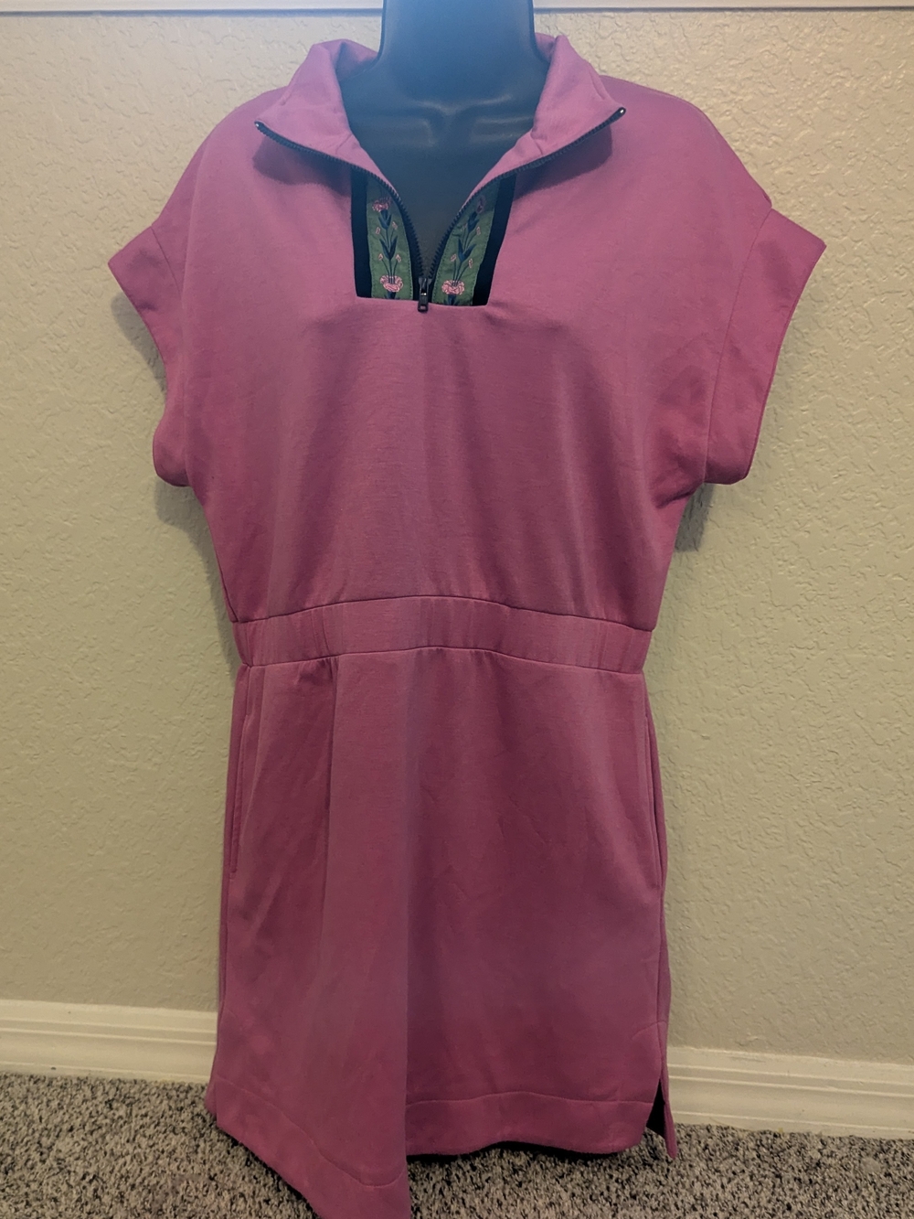 Umgee Peony Pink Quarter Zip Tunic Dress Embroidered Placket NWT